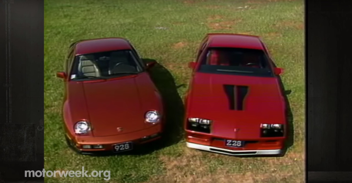 Porsche 928 vs Chevrolet Camaro Z28 on the track in the 1980s