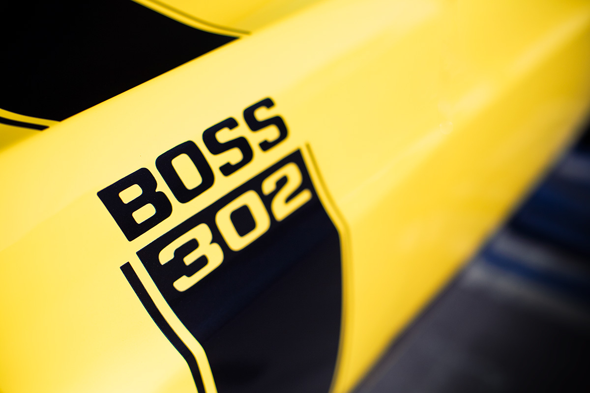 Yellow classic Ford Mustang Boss 302 muscle car photo from Burbbble