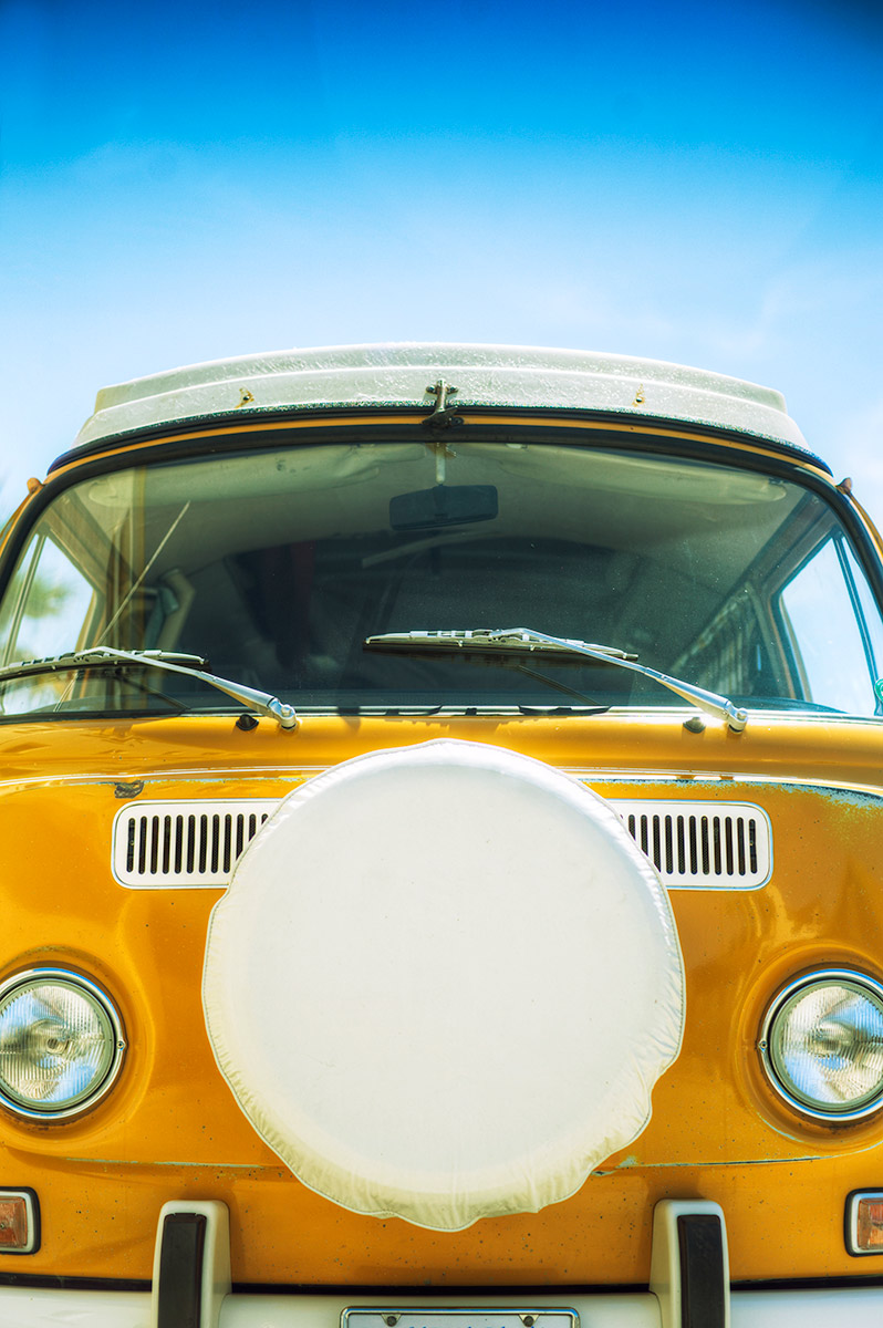 Yellow Volkswagen Westfalia Camper Bus in Newport Beach, California