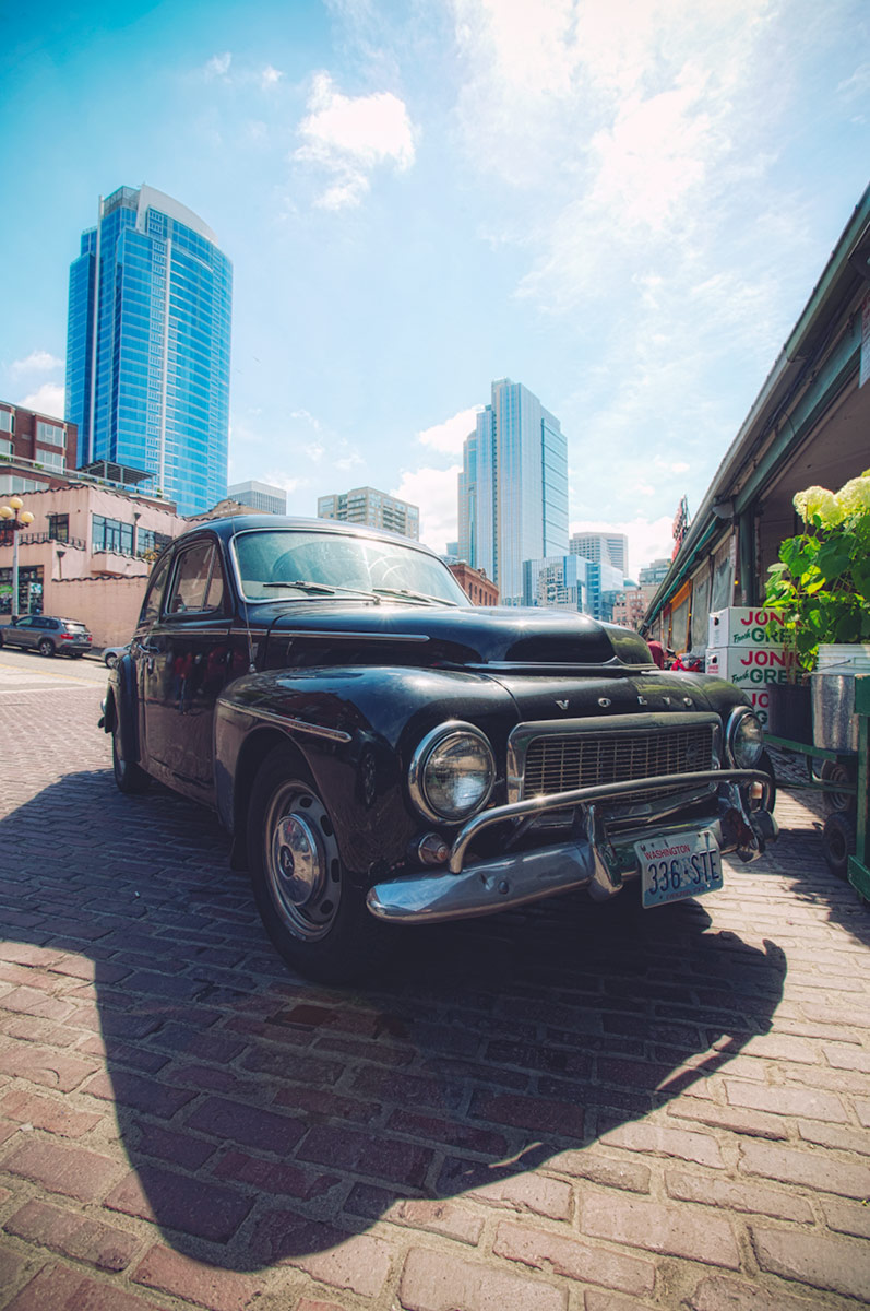 Classic black Volvo PV544 in Downton Seattle
