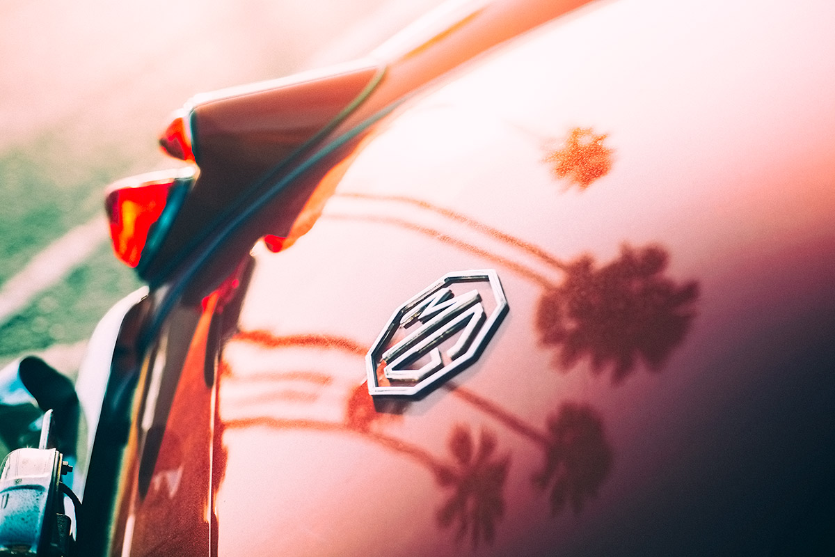 Socal sunset over classic red MG in Newport Beach